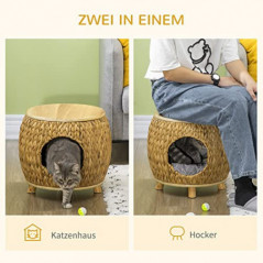 Pawhut Katzenhöhle aus Rattan 2-in-1 Design Katzenkorb mit Kissen Katzenbett Katzenhütte Haustierbett Wasserhyazinthengras Pa