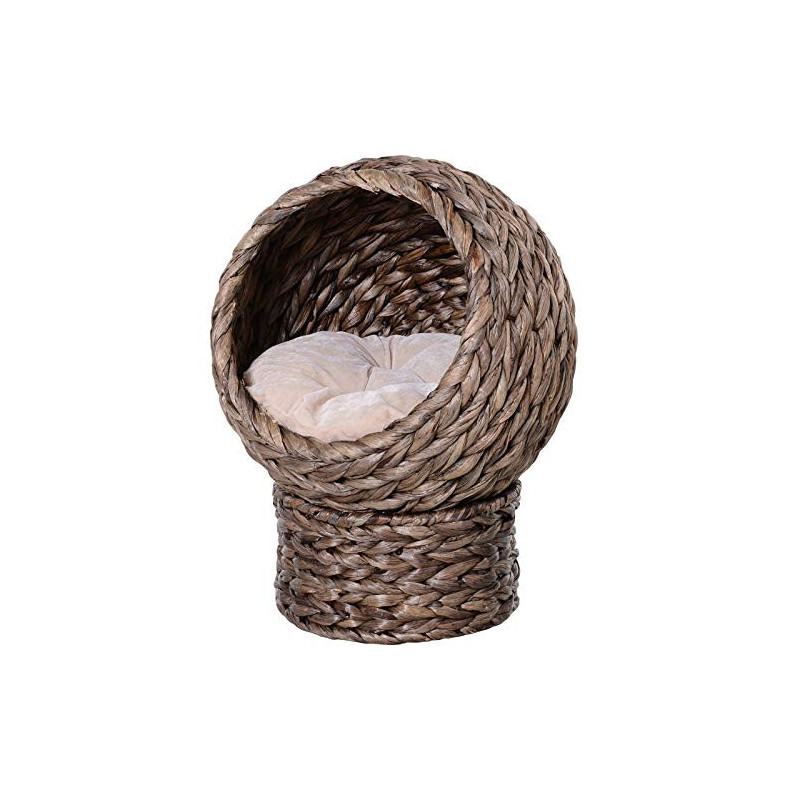 PawHut Rattan Katzenkorb Katzenhöhle Katzenhütte Katzenbett mit Kissen Haustierbett Wasserhyazinthe Dunkelbraun 42 x 33 x 52 