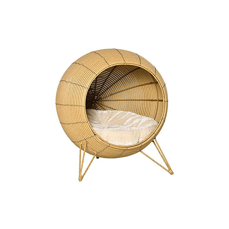 PawHut Rattan Katzenhöhle Katzenhaus mit Kissen und erhöhten Füßen PE-Rattan Hellbraun Ø52 x 58 cm