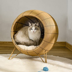 PawHut Rattan Katzenhöhle Katzenhaus mit Kissen und erhöhten Füßen PE-Rattan Hellbraun Ø52 x 58 cm