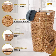 Casa Mina® Wäschekorb mit Deckel D30 x H45cm hoch I Atmungsaktiver Wäschekorb geflochten aus 100% Naturfaser I Robuster Wäsch