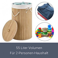 Juskys Bambus Wäschekorb Curly-Round - 55 Liter Volumen - Wäschesammler mit Deckel, Tragegriffen & Stoff Wäschesack - 1 Fach 