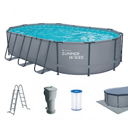 Summer Waves Frame Pool Komplettset | Oval 610x366x122 cm Grau | Aufstellpool Set | Gartenpool & Schwimmbecken inkl. Filterpu