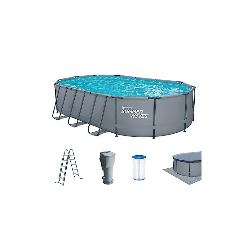 Summer Waves Frame Pool Komplettset | Oval 610x366x122 cm Grau | Aufstellpool Set | Gartenpool & Schwimmbecken inkl. Filterpu