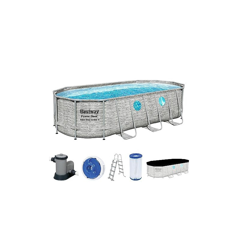 Bestway Power Steel Swim Vista Series Frame Pool Komplett-Set mit Filterpumpe 549 x 274 x 122 cm, Steinwand-Optik  Cremegrau 