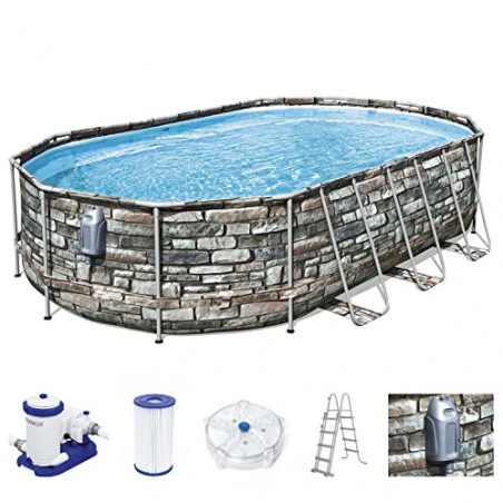 Bestway Power Steel Comfort Jet Series Frame Pool-Set mit Filterpumpe 610 x 366 x 122 cm, Steinwand-Optik  Naturstein , oval