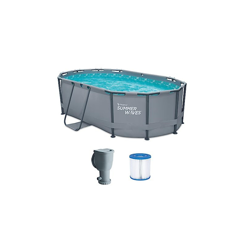 Summer Waves Frame Pool Komplettset | Oval 300x200x84 cm Grau | Aufstellpool Set | Gartenpool & Schwimmbecken inkl. Filterpum