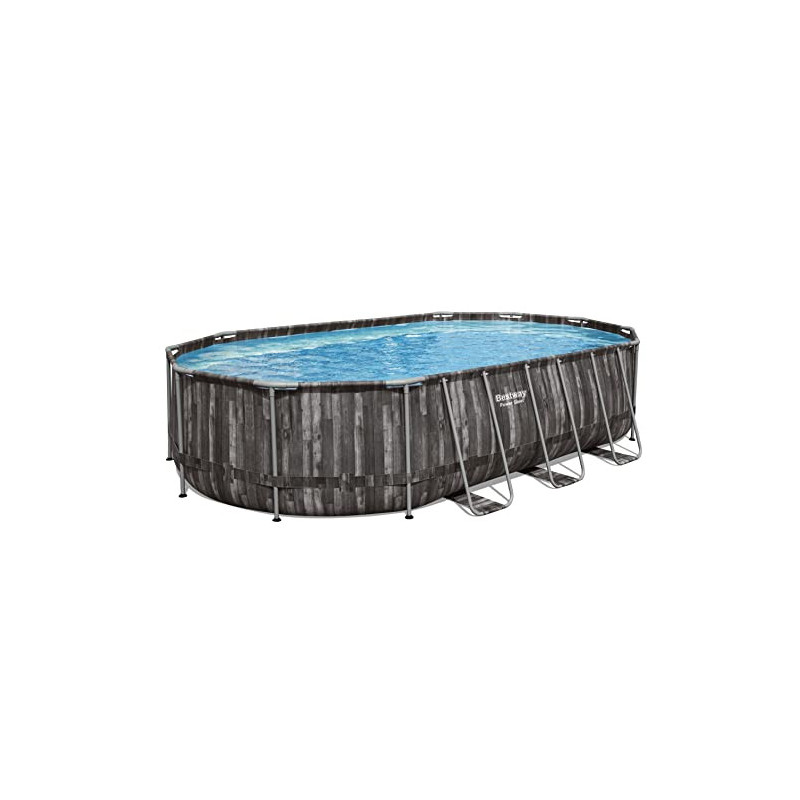 Bestway Power Steel Frame Pool Komplett-Set mit Filterpumpe 610 x 366 x 122 cm , Holz-Optik  Mooreiche , oval