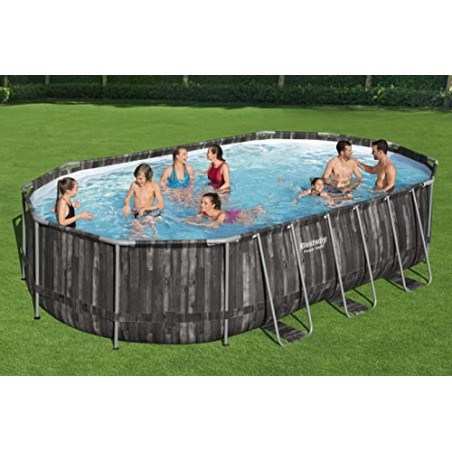 Bestway Power Steel Frame Pool Komplett-Set mit Filterpumpe 610 x 366 x 122 cm , Holz-Optik  Mooreiche , oval