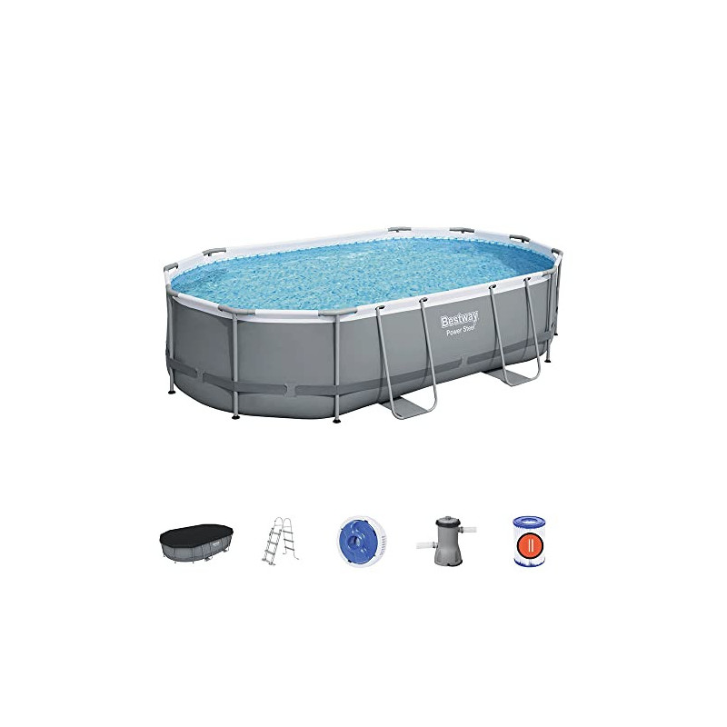 Bestway Power Steel Frame Pool Komplett-Set mit Filterpumpe 488 x 305 x 107 cm, grau, oval