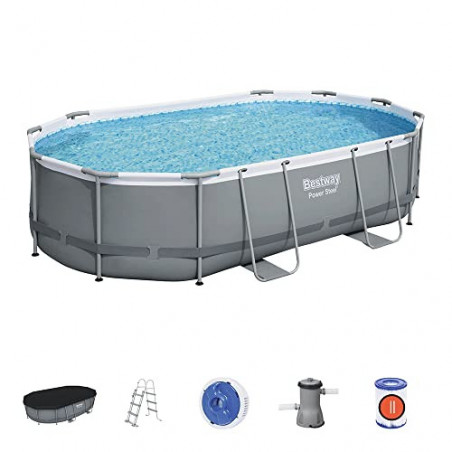 Bestway Power Steel Frame Pool Komplett-Set mit Filterpumpe 488 x 305 x 107 cm, grau, oval