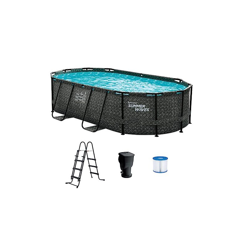 Summer Waves Frame Pool Komplettset | Oval 424x250x100 cm Rattanoptik Grau | Aufstellpool Set | Gartenpool & Schwimmbecken in