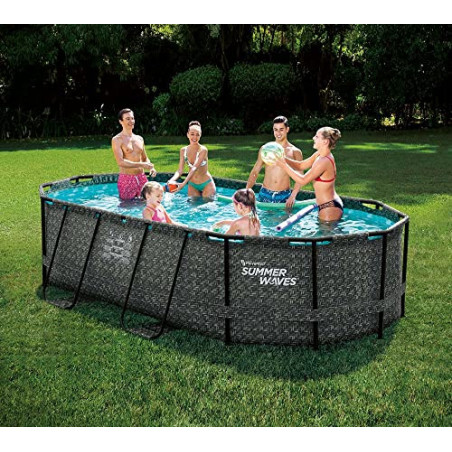 Summer Waves Frame Pool Komplettset | Oval 424x250x100 cm Rattanoptik Grau | Aufstellpool Set | Gartenpool & Schwimmbecken in