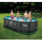 Summer Waves Frame Pool Komplettset | Oval 424x250x100 cm Rattanoptik Grau | Aufstellpool Set | Gartenpool & Schwimmbecken in