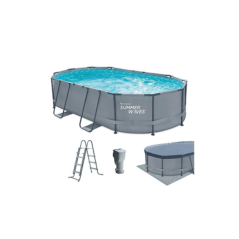 Summer Waves Frame Pool Komplettset | Oval 488x305x107 cm Grau | Aufstellpool Set | Gartenpool & Schwimmbecken inkl. Filterpu