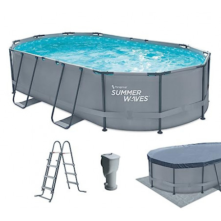 Summer Waves Frame Pool Komplettset | Oval 488x305x107 cm Grau | Aufstellpool Set | Gartenpool & Schwimmbecken inkl. Filterpu