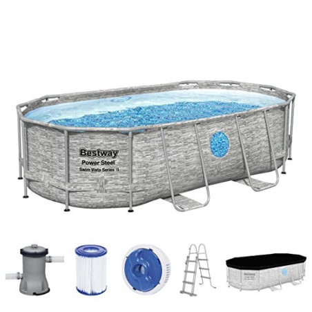 Bestway Power Steel Swim Vista Series Frame Pool Komplett-Set mit Filterpumpe 427 x 250 x 100 cm, Steinwand-Optik  Cremegrau 