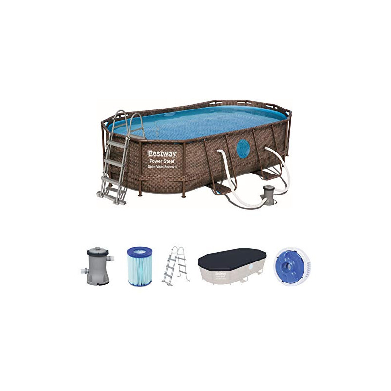 Bestway Power Steel Swim Vista Series Pool Komplett-Set, oval, mit Filterpumpe, Sicherheitsleiter & Abdeckplane 427 x 250 x 1