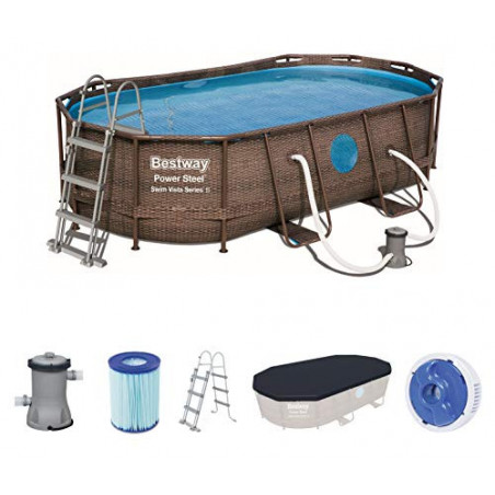 Bestway Power Steel Swim Vista Series Pool Komplett-Set, oval, mit Filterpumpe, Sicherheitsleiter & Abdeckplane 427 x 250 x 1