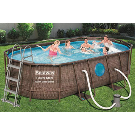 Bestway Power Steel Swim Vista Series Pool Komplett-Set, oval, mit Filterpumpe, Sicherheitsleiter & Abdeckplane 427 x 250 x 1