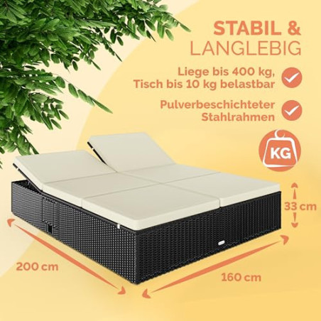 Casaria® Sonnenliege Doppelliege 2 Personen Klapptisch Wetterfest 7-Fach Verstellbar Polyrattan Liegestuhl Garten Relaxliege 