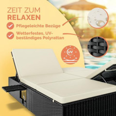 Casaria® Sonnenliege Doppelliege 2 Personen Klapptisch Wetterfest 7-Fach Verstellbar Polyrattan Liegestuhl Garten Relaxliege 