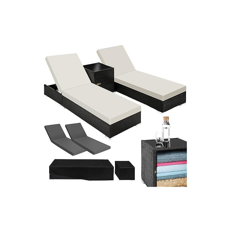 tectake 2er Lounge Sonnenliegen Set Plus Tisch – inkl. 2 Bezugsets und Schutzhülle, Outdoor Poly Rattan Gartenmöbel Set, 2X G