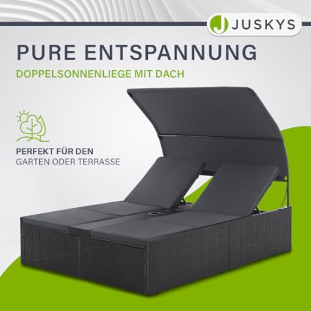 Juskys Polyrattan Doppelliege Syros - Garten Sonnenliege für 2 Personen - Outdoor Liege mit Dach & Auflagen - Kopfteil verste