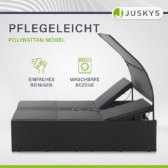 Juskys Polyrattan Doppelliege Syros - Garten Sonnenliege für 2 Personen - Outdoor Liege mit Dach & Auflagen - Kopfteil verste