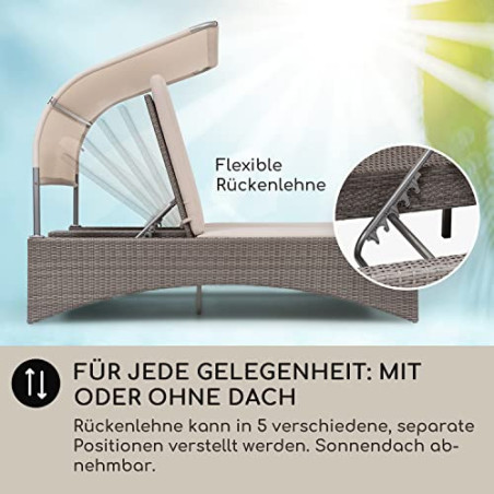 blumfeldt Sonnenliege für 2 Personen, Rattan Gartenliege, Doppelliege Outdoor, Gartenliege mit Dach Wasserfest, Liege für den