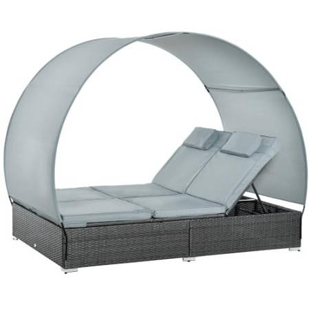 Outsunny Poly Rattan Doppelliege Gartenliege für 2 Personen mit Sonnendach Sonnenliege Polyester Stahl Grau 196 x 137 x 36,5 