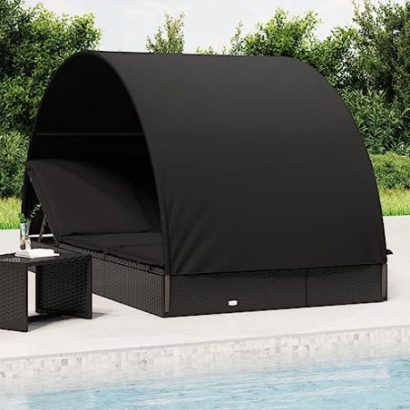 Gecheer Sonnenliege mit Dach, Sonnenliege Doppelliege, Gartenliege, Sonnenbett, Klappbar, Poly Rattan Schwarz 211x112x140 cm