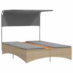 Festnight Doppel Gartenliege mit Sonnendach Doppelliege Outdoor 2 Personen Sonnenliege Rattan Sonnenbett Loungebett Gartenbet