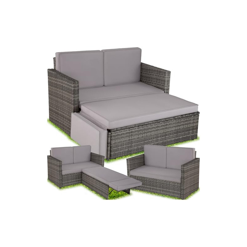 tectake Sofa Set - 2 Sitzer Sessel mit Hocker und Schlaffunktion, kleine Rattan Couch als Outdoor Gartenmöbel, wetterfest für