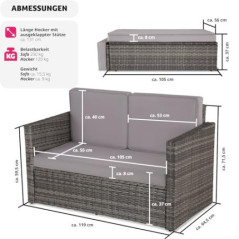 tectake Sofa Set - 2 Sitzer Sessel mit Hocker und Schlaffunktion, kleine Rattan Couch als Outdoor Gartenmöbel, wetterfest für