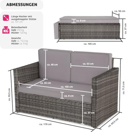 tectake Sofa Set - 2 Sitzer Sessel mit Hocker und Schlaffunktion, kleine Rattan Couch als Outdoor Gartenmöbel, wetterfest für