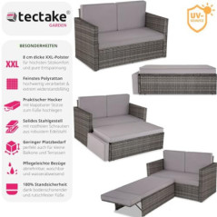 tectake Sofa Set - 2 Sitzer Sessel mit Hocker und Schlaffunktion, kleine Rattan Couch als Outdoor Gartenmöbel, wetterfest für