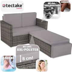 tectake Sofa Set - 2 Sitzer Sessel mit Hocker und Schlaffunktion, kleine Rattan Couch als Outdoor Gartenmöbel, wetterfest für