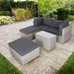 Raburg Polyrattan-Lounge Adan für 2-4 Personen mit Sofa, Hocker, Tisch & Kissen, Sitzgruppe für Garten, Terrasse und Balkon, 