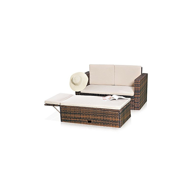 Melko Gartenset Polyrattan mehrteilige Sofa-Garnitur Holz Braun mit klappbarer Fußbank & Stauraum, Tisch inklusive Kissen