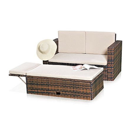 Melko Gartenset Polyrattan mehrteilige Sofa-Garnitur Holz Braun mit klappbarer Fußbank & Stauraum, Tisch inklusive Kissen