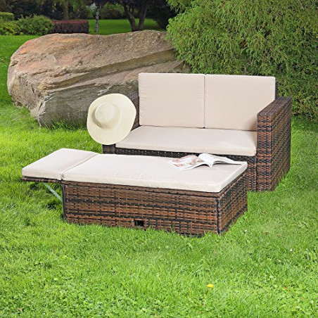 Melko Gartenset Polyrattan mehrteilige Sofa-Garnitur Holz Braun mit klappbarer Fußbank & Stauraum, Tisch inklusive Kissen