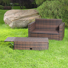 Melko Gartenset Polyrattan mehrteilige Sofa-Garnitur Holz Braun mit klappbarer Fußbank & Stauraum, Tisch inklusive Kissen