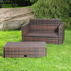 Melko Gartenset Polyrattan mehrteilige Sofa-Garnitur Holz Braun mit klappbarer Fußbank & Stauraum, Tisch inklusive Kissen