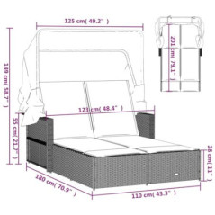 vidaXL Doppel Sonnenliege, Sonnenbett mit ausziehbarem Sonnendach, Doppelliege mit Verstellbarer Rückenlehne, Gartenmöbel Gar