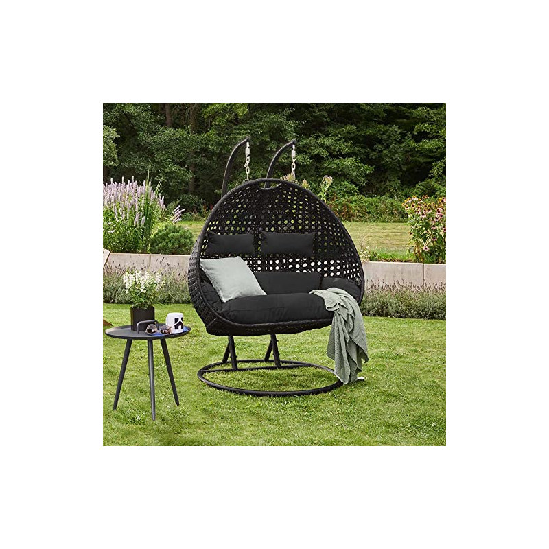 HOME DELUXE - Hängesessel Twin - Schwarz, Höhe 195 cm - inkl. Gestell, Sitz- und Rückenkissen I Polyrattan Hängestuhl Gartens