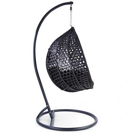 RAMROXX Luxus Hängesessel Style XL Polyrattan Korb und Gestell schwarz Kissen DKL.braun