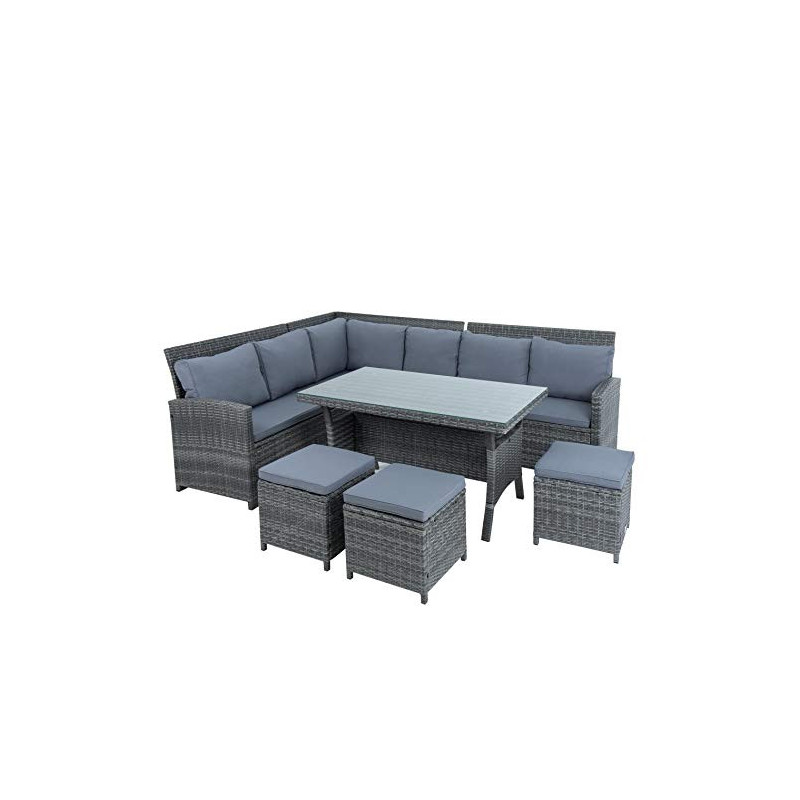 ESTEXO Polyrattan Lounge Set in luxuriöser Optik bestehend aus 1 Couch, 3 Hockern und 1 Tisch, inklusive Sitzpolster, grau