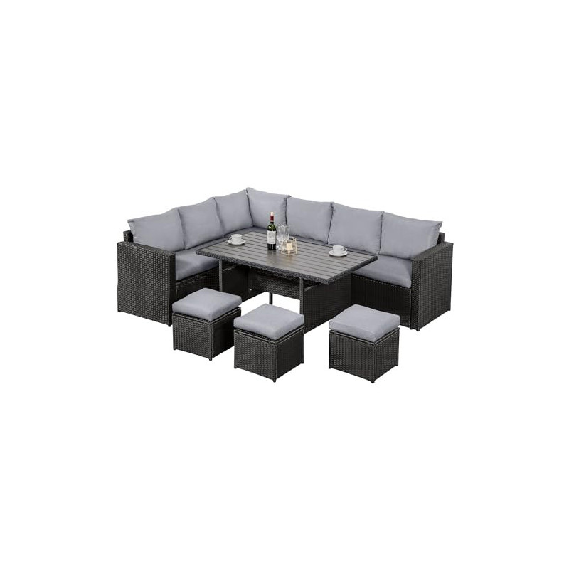 MeXo Polyrattan Gartenmöbel-Set Garten Essgruppe mit Ecksofa, WPC Esstisch, 3 Hocker, Kissen - Gartenlounge wetterfest bis 10